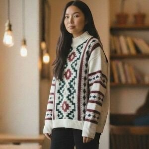 Clifton Place Knits Vintage Southwestern Mock Neck Sweater Cream Burgundy USA